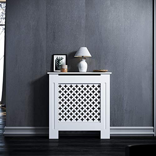 ELEGANT Heizkörperverkleidung, Klein, Modern, Raute Lamell, Weiß, Lackiert Schrank Heizkörper Abdeckung für Wohnzimmer, Schlafzimmer, Küche, 78x19x81.5 cm, GRCC78W.