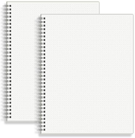 HULYTRAAT Large Dot Grid Spiral Notebook, 8.5 x 11, Premium 100gsm Ivory White Paper, Sturdy See-Through Cover, 128 Dotted Pages per Notebook(2 Pack) for Home, School, Office, Artist Writing/Drawing
