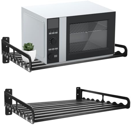Étagère Murale pour Four à Micro-ondes avec 5 Crochets, Support Mural pour Micro-ondes en Aluminium Etagere Murale pour Micro Ondes Cuisine, pour Résidences Universitaires, Appartements et Cuisine