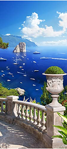 wandmotiv24 Türtapete Blick aufs Meer, Balkon, Schiffe, Küste 90 x 200cm (B x H) - Dekorfolie selbstklebend Sticker für Türen, Türfolie, Aufkleber, M1242