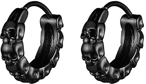 JewelryWe Schmuck Herren Creolen mit Totenkopf Schädel Edelstahl Kreis Ohrringe Ohrstecker Silber Gold Schwarz Halloween Geschenk
