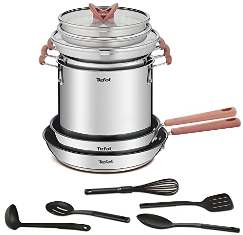 Tefal OptiSpace Set di 2 Padelle, 3 Pentole + 3 Coperchi + Acc: Pentole da 18/20, Pentola per Pasta, 2 Padelle da 24/28 cm in Acciaio Inossidabile, 3 Coperchi Piatti, 5 Accessori Cucina