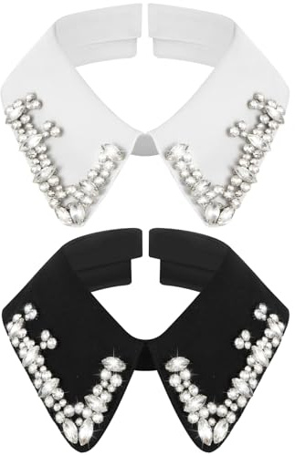 Geyoga 2 Pcs Dickey Rhinestones Collar for Women Detachable Fake False Collar Choker White Black (Classic Style)