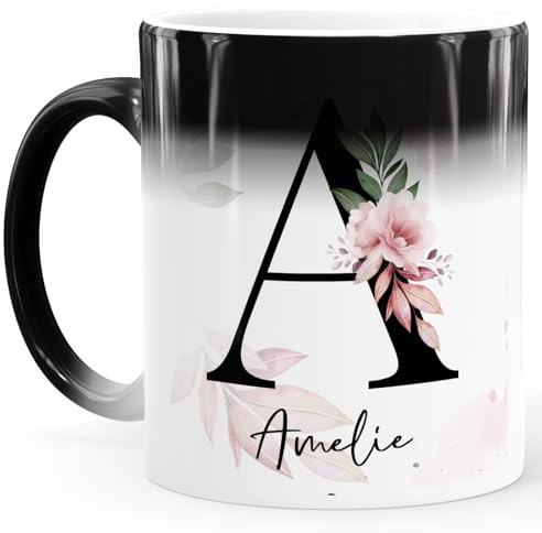 SpecialMe® Kaffee-Tasse Farbwechsel mit Buchstabe Initiale Monogramm personalisiert Namen Rosen-Motiv persönliche Geschenke Magic Magic-Tasse