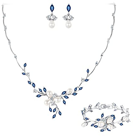 EVER FAITH Zirkon Simulierte Perle Blume Blatt Filigrane Halskette Ohrringe Armband Set Klar