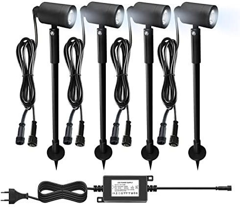 CHNXU 4er Set LED Gartenbeleuchtung 3W Gartenleuchte IP67 Wasserdicht Kaltes Weiß 6500K 180LM Höhenverstellbar Gartenlampe Gartenstrahler mit 12V Netzteil für Außen Baum, Wiese, Garten, Rasen, Hof