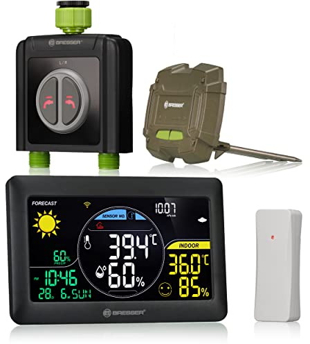 BRESSER Duo de systèmes d'irrigation Smart Garden Home : programmateur d'arrosage WLAN, arrosage automatique du jardin, contrôle par application, station météo, capteur de sol