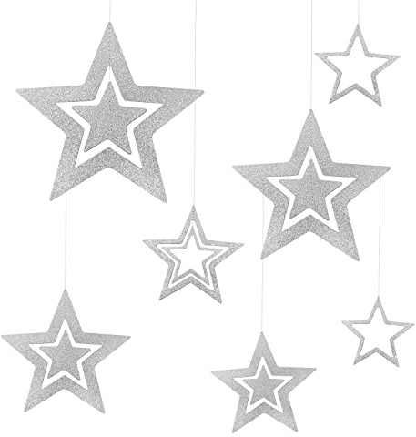 Oblique Unique® Sterne zum Aufhängen 7er Set Glitzer Stern Deckenhänger Deko für Weihnachten Advent und Winter Dekoration Weihnachtsdeko (Stern - Silber)