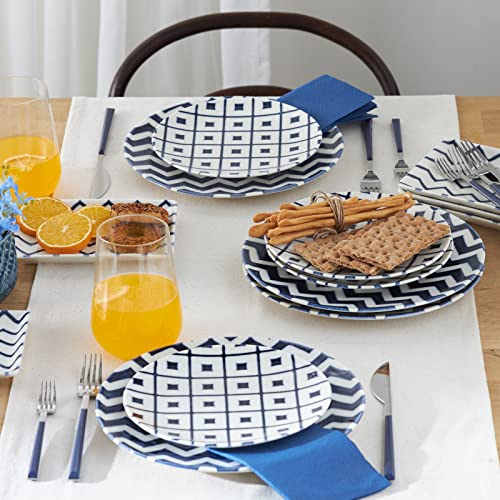Karaca Bettoni - Servizio da colazione in porcellana per 6 persone, 18 pezzi, set da cucina rotondo, piatti da portata, tazze da tè, piattini, piatti, set da 6 pezzi, colore: bianco e blu navy