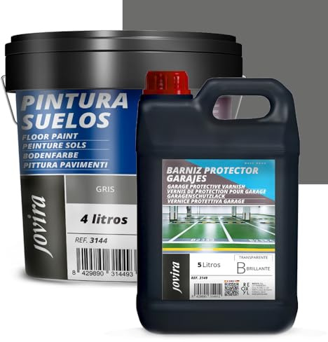 JOVIRA PINTURAS Pintura Suelos, Garajes y Pavimentos Deportivos en general, acabado Mate. Protege y decora las superficies de hormigón, cemento y asfalto. (Pack 5 L Barniz + 4 L Pintura, Gris)