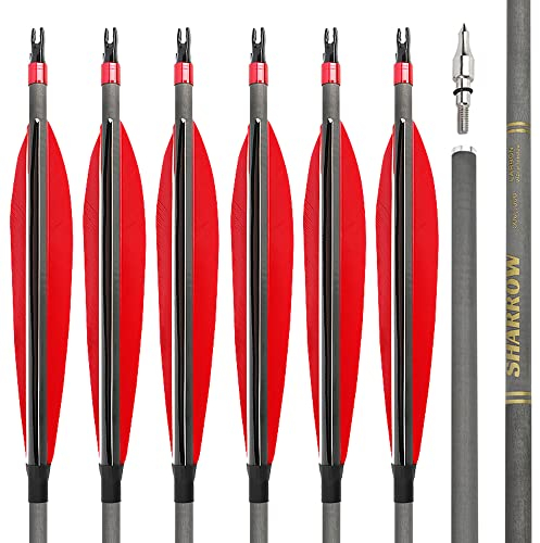SHARROW Bogenschießen Carbonpfeile 30 Zoll Carbon Pfeile Jagd Ziel Praxis Pfeile Spine 500 600 Bogenpfeile Jagdpfeile Fletching 6 zoll Naturfedern für Outdoor-Schießen (12, Rot, Spine 600)