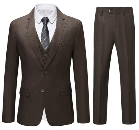 Allthemen Herrdräkter 3-delad kostym 2-knappar slim fit kostymer affärsjacka väst byxor för bröllopsfest, Brun, L