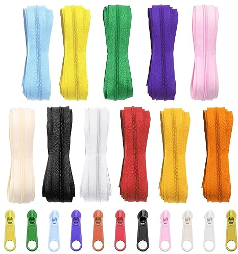 Swpeet Lot de 121 fermetures éclair – 33 yards, 11 couleurs #3, bobine en nylon, fermeture éclair avec 110 têtes de curseur