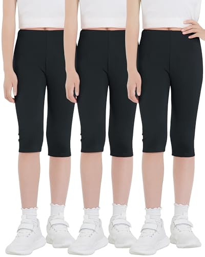 KEREDA Leggings 3/4 para niña, pantalones cortos capri, tres cuartos de algodón, pantalones cortos para adolescentes, paquete de 3, Negro , 122-128