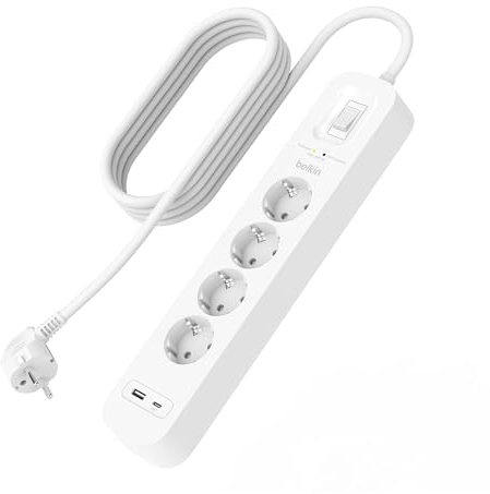 Belkin 4-Fach Steckdosenleiste mit Überspannungsschutz, Wandmontage, 4 Steckdosen, 2-m-Netzkabel, grüne Leuchtanzeige, USB-C- und USB-A-Anschluss mit USB-C PD zum Schnellladen; Schutz für 525 Joule