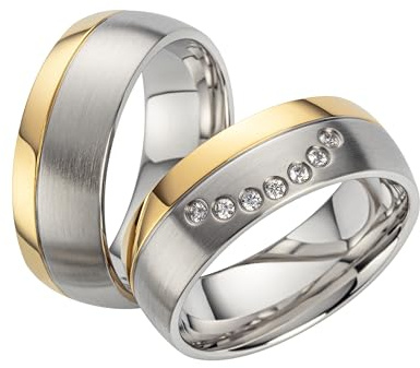 Generisch Paar Partnerringe & Eheringe aus Edelstahl 316L – 8 mm Trauringe matt-poliert mit PVD Gold & 7 Zirkonia, Hochzeitsringe Größe 48-74 mit Gravur und Etui | 2040
