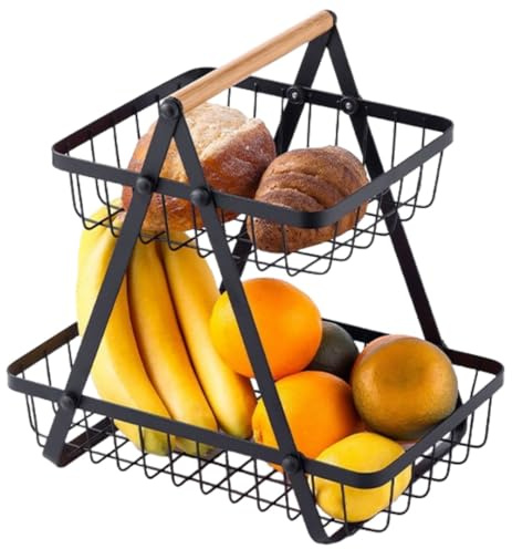 MEETOZ 2-Tier Fruit Basket Stand with Wooden Handle, Vegetable and Fruit Storage, Counter Space Saver, Detachable Fruit Holder for Fruit, Vegetables, Snacks in Home, with Screwdriver