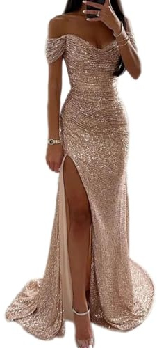 shownicer Abito Donna Senza Maniche Scollo V Paillettes Vestito con Spacco Elegante Maxi Abito Lungo da Sera Cerimonia Cocktail Nozze Festa A Albicocca S