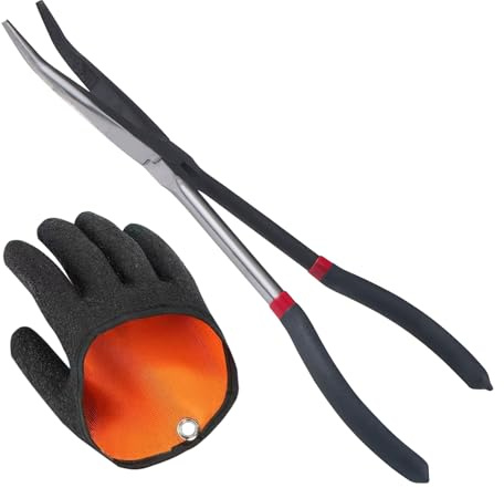 ZIGefofo 1 Pièce Pince de Pêche Coude 28 cm avec 1 Gants de Pêche à Droite Accessoires Pêche Carnassiers Ensemble de Pinces de Pêche pour Libérer Les Hameçons, Poisson-Chat, Brochet, Pêche