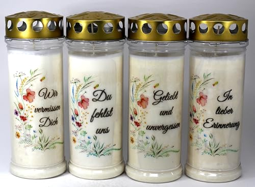 Kerzen Junglas - 4 Grabkerzen mit 7 Tagen Brenndauer, (3980), Grablichter mit Spruch und Motiv. Grabschmuck wetterfest mit Deckel, Trauerkerzen, Friedhofskerzen
