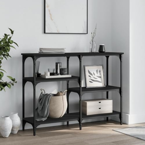 FENLAX Konsolentisch mit Ablagen 102x29x75 cm Flurtisch mit Ablagen Wohnzimmermöbel Eingangsbereich Eingangstisch mit Ablageflächen Konsolentisch schmal Holzwerkstoff&Metall Schwarz