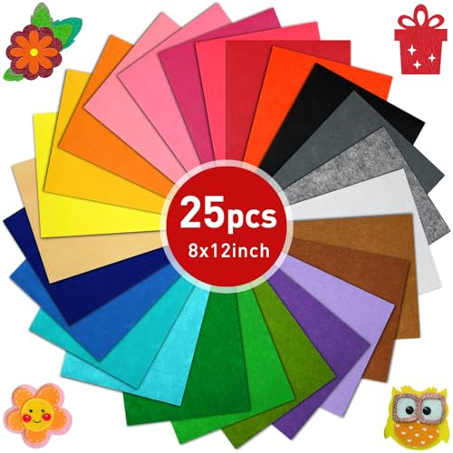 CHRORINE 25 Pcs Assorted Color Felt Fabric Sheets 8 x 12 Soft Felt Fabric Sheet for Crafts DIY Sewing Squares Nonwoven Patchwork (25 Colors)