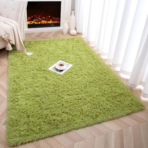 HOKXUAN Hochflor Teppich Wohnzimmer 80 x 150 cm Anti-Rutsch Unterseite, Soft Plüsch Shaggy Weich Fellimitat Modernes Einfarbiges Design für Schlafzimmer Kinderzimmer, Grün