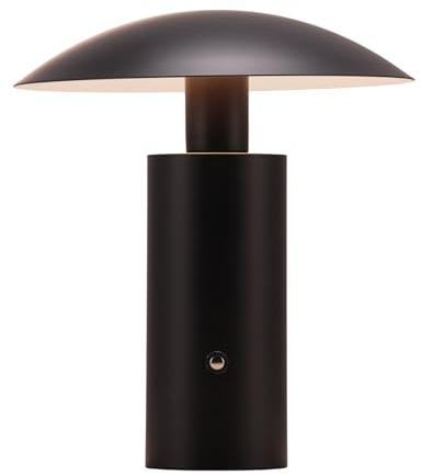 Happy Homewares Designer Flat Cone Mushroom Rechargeable and Portable LED Table Lamp in Matte Black | 3-Step Touch Dimmer | 3600mAh Power | 3w 3000k Warm White