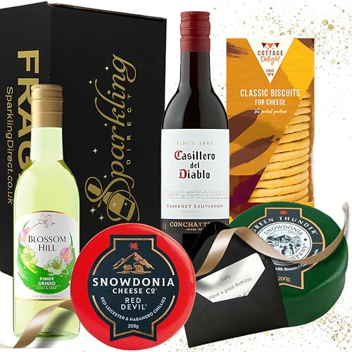Wine and Cheese Gift Set – Red & White Mini Bottles (187ml) with Cheese & Biscuits in Luxury Black Hamper – Mixed Hamper for Wine & Cheese Lovers