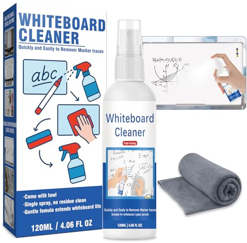 Spray nettoyant tableau blanc 120 ml, avec serviette, enlève efficacement les traces de marqueurs effaçables à sec, idéal pour écoles, bureaux, salles de classe et surfaces lisses
