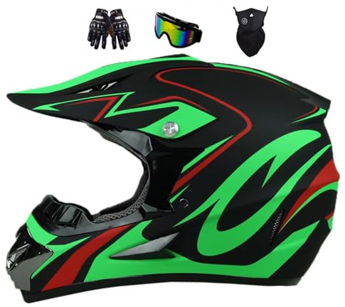 Motorradhelm Kinder, Fullface Downhill Motocross Helm, Jugend Crosshelm Helm Motorrad MTB Enduro Quad, Für Mountainbike MTB ATV Bergbuggy Sport Schutz, Mit Handschuhe Maske Brille(Green,S(52-53CM))