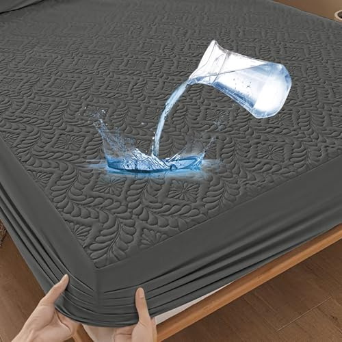 Premium Matratzenschoner wasserdichte 90x200cm Spannbettlaken Luxus, 3D-Muster, Atmungsaktive Matratzenbezug Wasserundurchlässiger Matratzen-Schutz Nässeschutz Spannbetttücher-Dunkelgrau