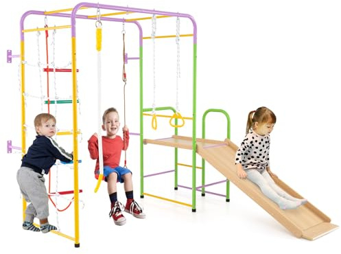 COSTWAY Klätterställning inomhus, 8-i-1 klättervägg & apstänger & stege & rep & gymnastikring & gunga & rutschkana och klättrare, barnlekplats metall, för barn från 3 år