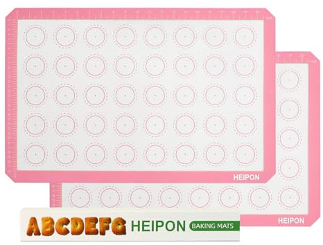 HEIPON Macaron Silicone Baking Mats,22.44Lx14.57W,Pastry Mats Rolling Dough,Non-Stick,40 Macaron Molds,Cookie Sheet Liners,Reusable Baking Mat (2, Pink)
