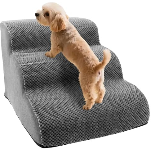 Hunde Treppe Bett 3 Stufen Haustiertreppe 35cm Hoch für Kleine Hunde Hundetreppe mit Waschbarem Bezug und Rutschfestem Boden für Bett Sofa und Auto Bezug Grau aus Hochdichtem Schwamm (grau, M, 3)