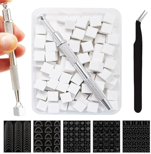WishesMar 100 Esponjas para Uñas Ombré con Pinza Metálica, Pinceles Cepillo para Diseño de Uñas con 5 de Plantillas Pegatinas de Diseño de Corazones, Flores, Mariposas y Francesa Clásicas y Pinzas