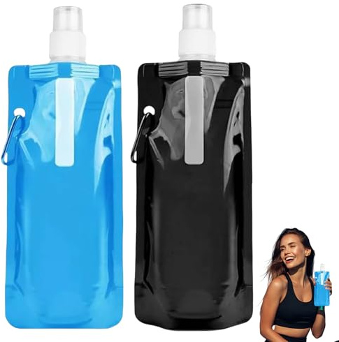 2 Stück Faltbare Trinkflasche, 500ML Trinkflasche Faltbar mit Karabiner, Tragbare Trinkbeutel, Flexibl Wasserflasche Faltbar, Wiederverwendbare Water Bottle für Festivals, Wandern, Reisen, Abenteuer