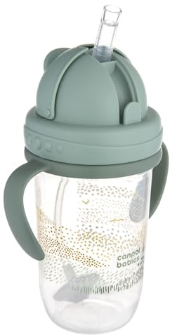 Canpol babies Trinklernbecher für Kinder mit Auslaufsicherer Strohhalm und Gewicht 6 m+ 270 ml, Trinken aus jedem Winkel (Grün MOUNTAINS)