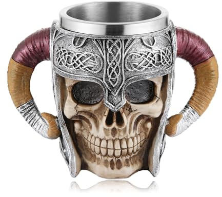 AsAlways Stainless Steel Skull Beer Mug Large Viking Drinking Cup Gothic Beer Stein with Double Handles Novelty Drinkware Halloween Accessory 600ML/20OZ | Gothic Beer Stein Novelty Wine Coffee Drinking Cup Halloween Renaissance Accessory Gift 600ML/20OZ