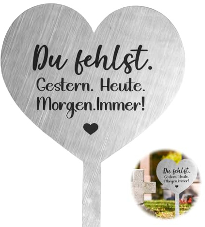 Herz Grabstecker aus Edelstahl mit Spruch „Du Fehlst. GESTERN. HEUTE. MORGEN. IMMER!“, Wetterfest, Frostbeständig, Grabschmuck für Friedhof und Urnengrab, Grabdekoration für Erinnerung und Andenken