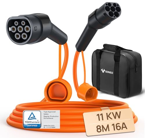 GONEO Cable de Carga Tipo 2 11kW 16A 8M Cable de Carga para Vehículos Eléctricos Trifásico Modo 3 Protección IP54 y UL94 V-0 Contactos Plateados Libre de Halógenos Incluye Bolsa de Transporte | Certificado TÜV y UKCA IP54 protegido UL94 V-0 ignífugo compatible con BEV y PHEV, incluye bolsa de transporte