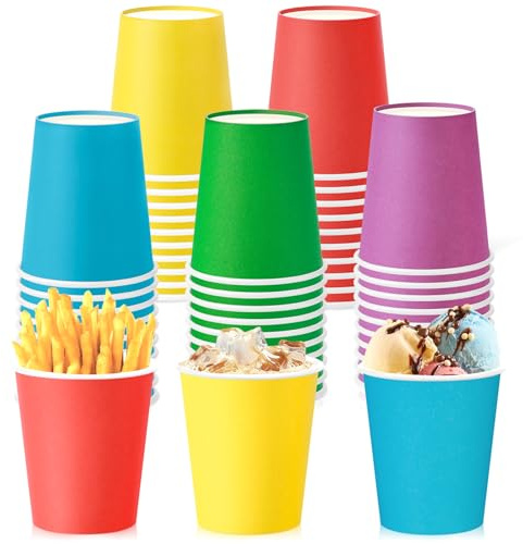 KesaPlan 100 Pack 250ml Pappbecher, Bunt - 5 Farben für Heiße & Kalte Getränke, Auslaufsicher, Biologisch Abbaubar und Kompostierbar für Geburtstage, Hochzeit, Büropartys & DIY Basteln
