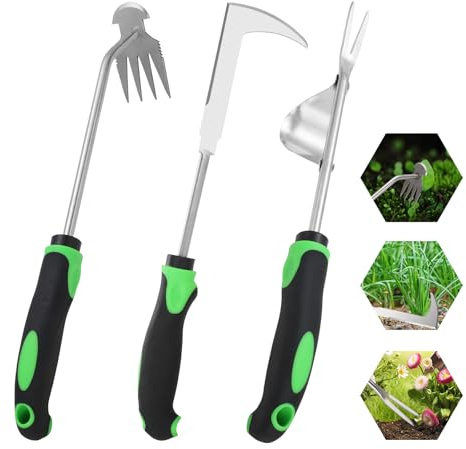 Foyucool 2026 New Weed Puller Tool, 3Pcs Hand Weeder Tool, Rubber Handle 4-Tooth L-Shaped Weeding Tool, Thickened Stainless Steel Crack Weeder Manual Weeder, Planting and Weeding for Garden, Patio