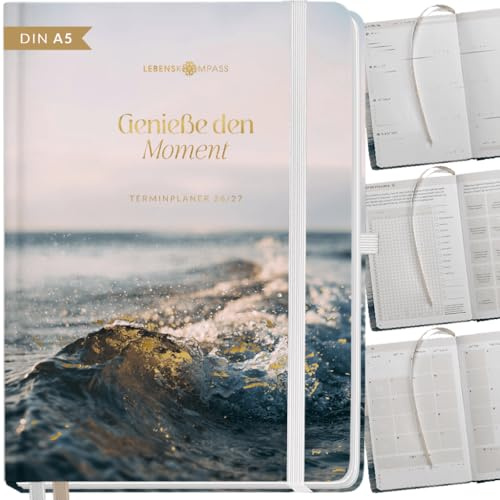 Lebenskompass® Kalender 2026 2027 A5 Surf - Terminplaner Juli 2026 bis Dezember 2027-18 Monate Wochenplaner & Buchkalender mit Achtsamkeit, Hardcover mit Goldprägung