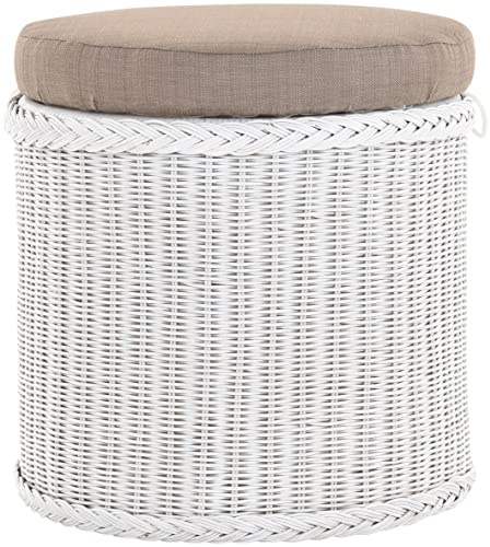 korb.outlet Rattan Bad Hocker Wäschekorb Rund Weiß mit Sitzfläche gepolstert Wäsche Korb mit Sitz Wäschesammler Badhocker