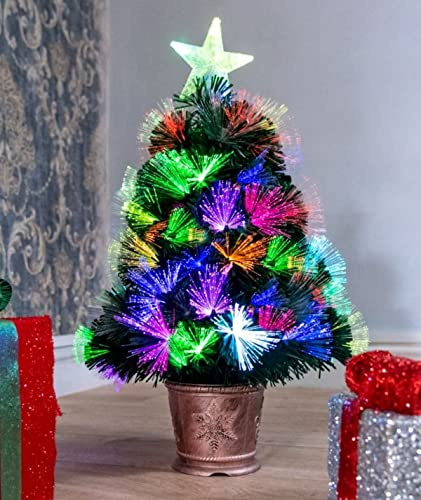 2Ft/60cm Fibre Optic Christmas Tree with Star Topper - Firework Flower Light Effect - Pre-Lit Green Artificial Xmas Tree - Multicolor Changing Lights