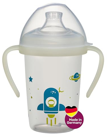 NIP Trinklernflasche Day&Night: auslaufsicherer Trinkbecher mit Griff & weichem Trinkschnabel, leuchtet im Dunkeln, ab 6 Monaten, 270 ml, BPA-frei, Rakete