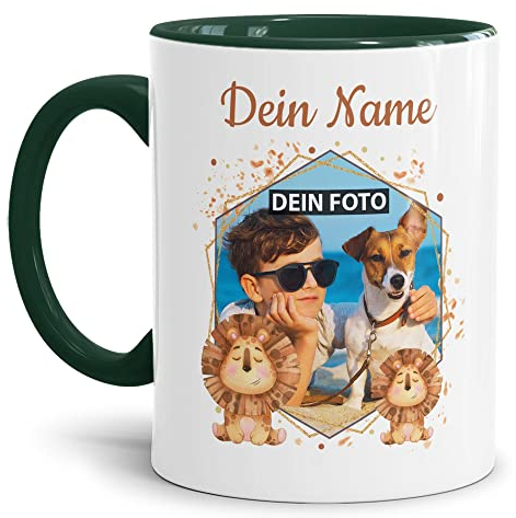 Tassendruck Kinder-Tasse mit Tiermotiv Löwe - mit Foto & Name selbst gestalten - Für Mädchen & Jungen - Keramik Innen & Henkel Dunkelgrün, 300 ml I Personalisiertes Geschenk für Kinder