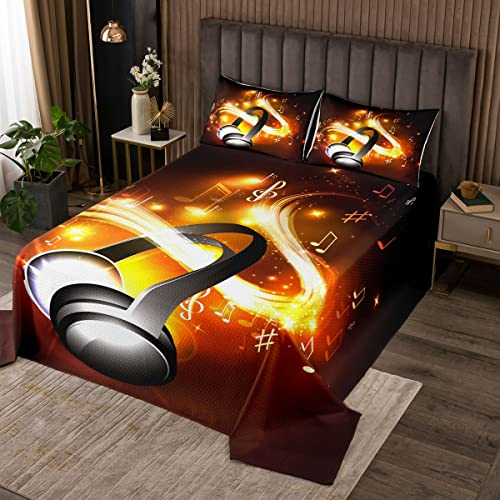 Homemissing Musik Kopfhörer Bettüberwurf Jungen Musiknoten Tagesdeck 170x210cm Wohndecke Kinder Mädchen Jugendliche Video Headset Steppdecke Glitzer Braun Gelb Schwarz mit 1 Kissenbezug 2St