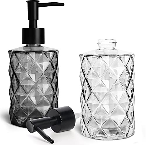 2 Pack Glass Soap Dispensers, 330 ML/12Oz Pump Bottle Dispenser, Refillable Hand Soap Dispenser Bottle for Kitchen, Bathroom, Laundry Room (1 Black &1 ClearA)